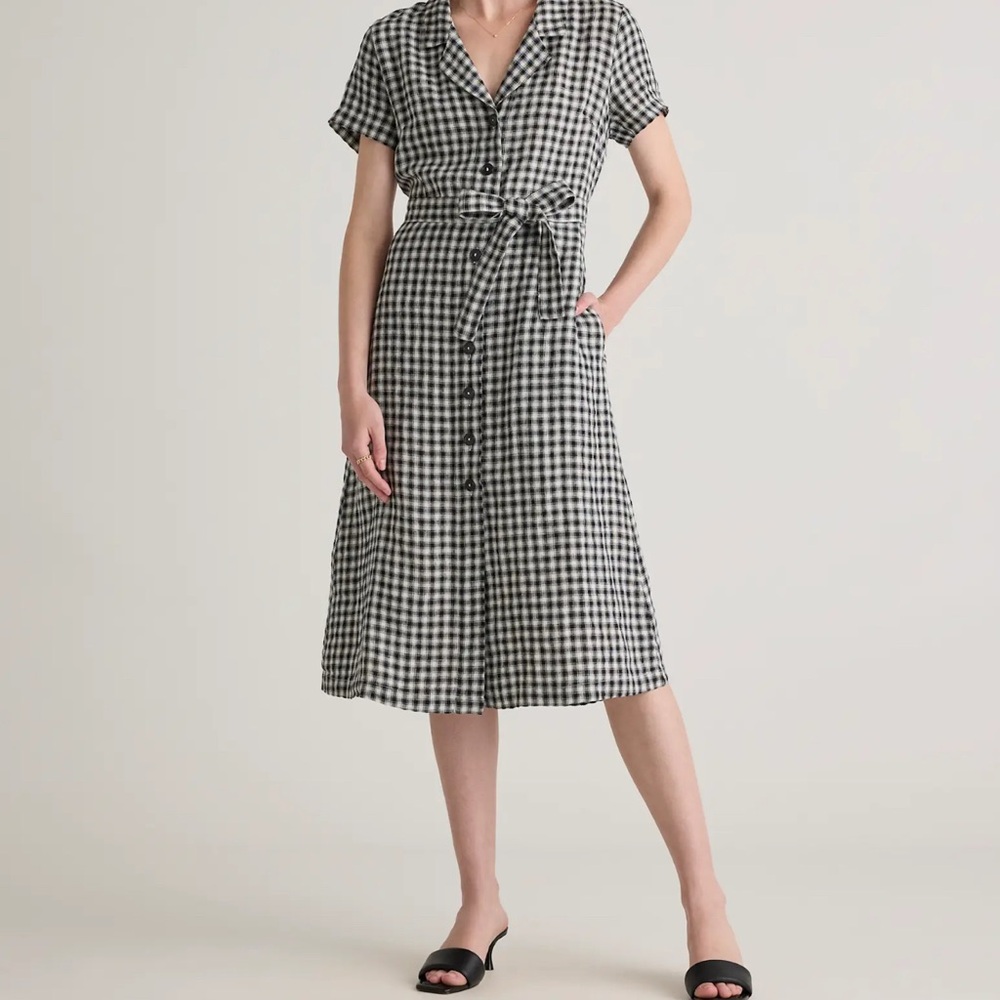 Quince 100% Linen Button Dress Black White Gingham Medium